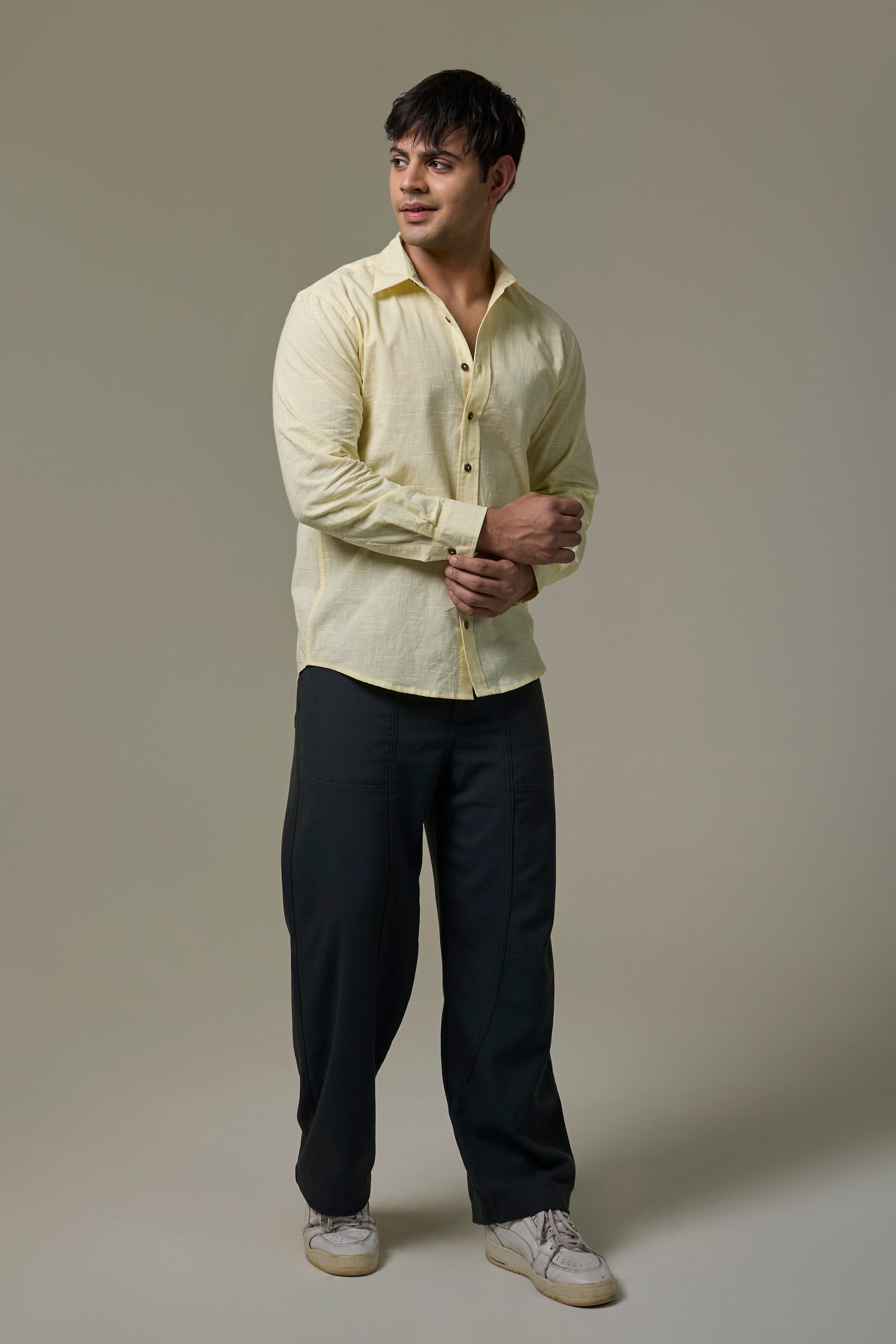 butter yellow dress shirt men CHECKED COTTON JACQUARD SHIRT - BUTTER YELLOW