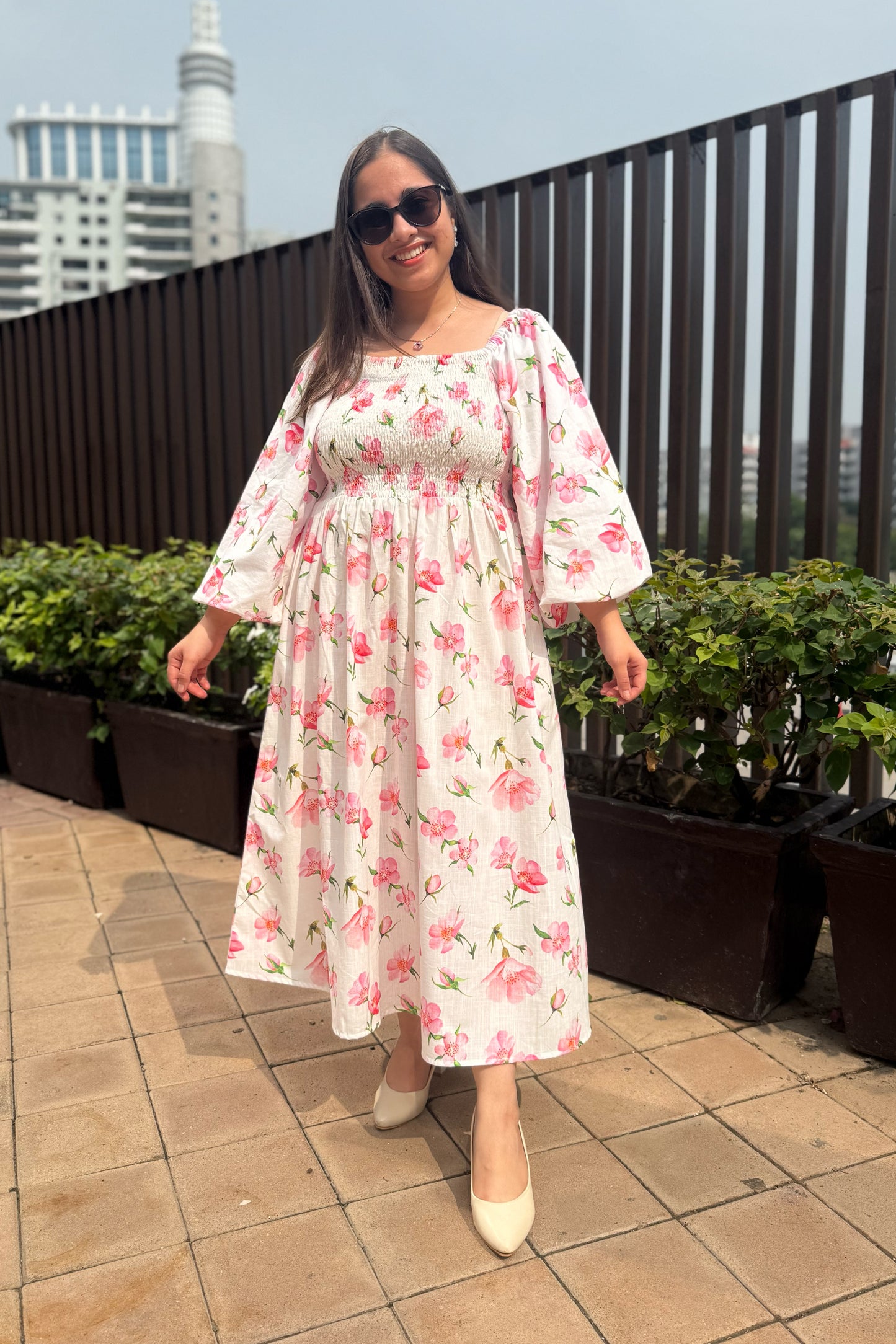 White Cherry Smocked Dress