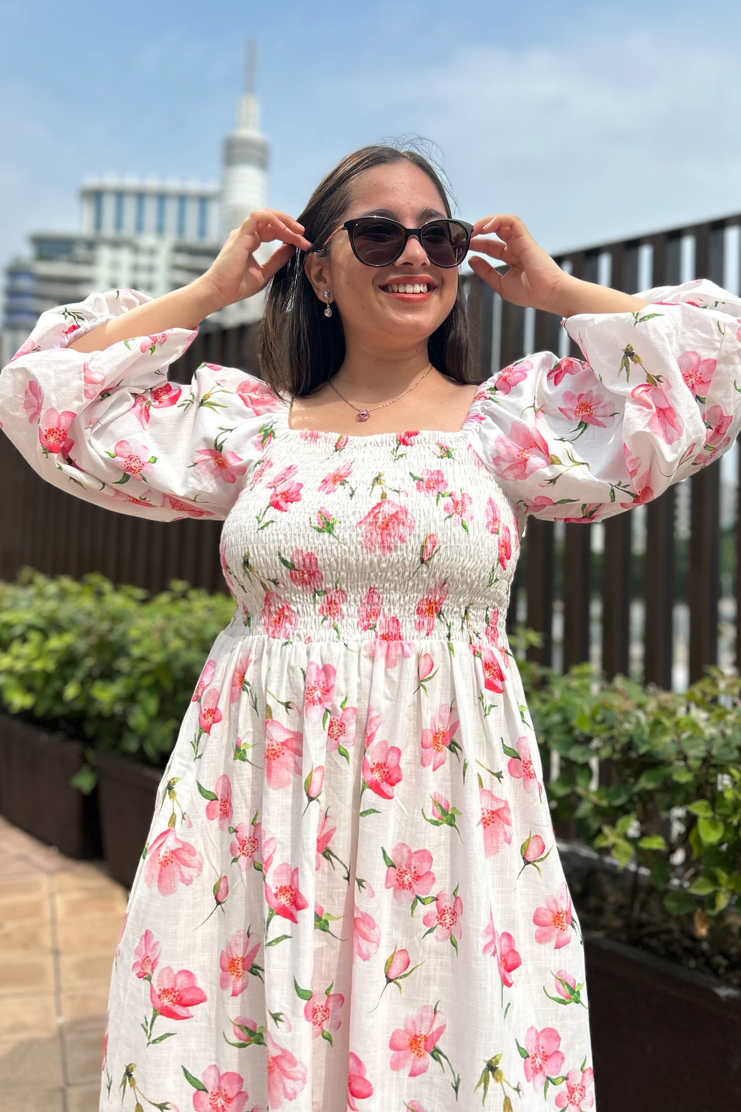White Cherry Smocked Dress