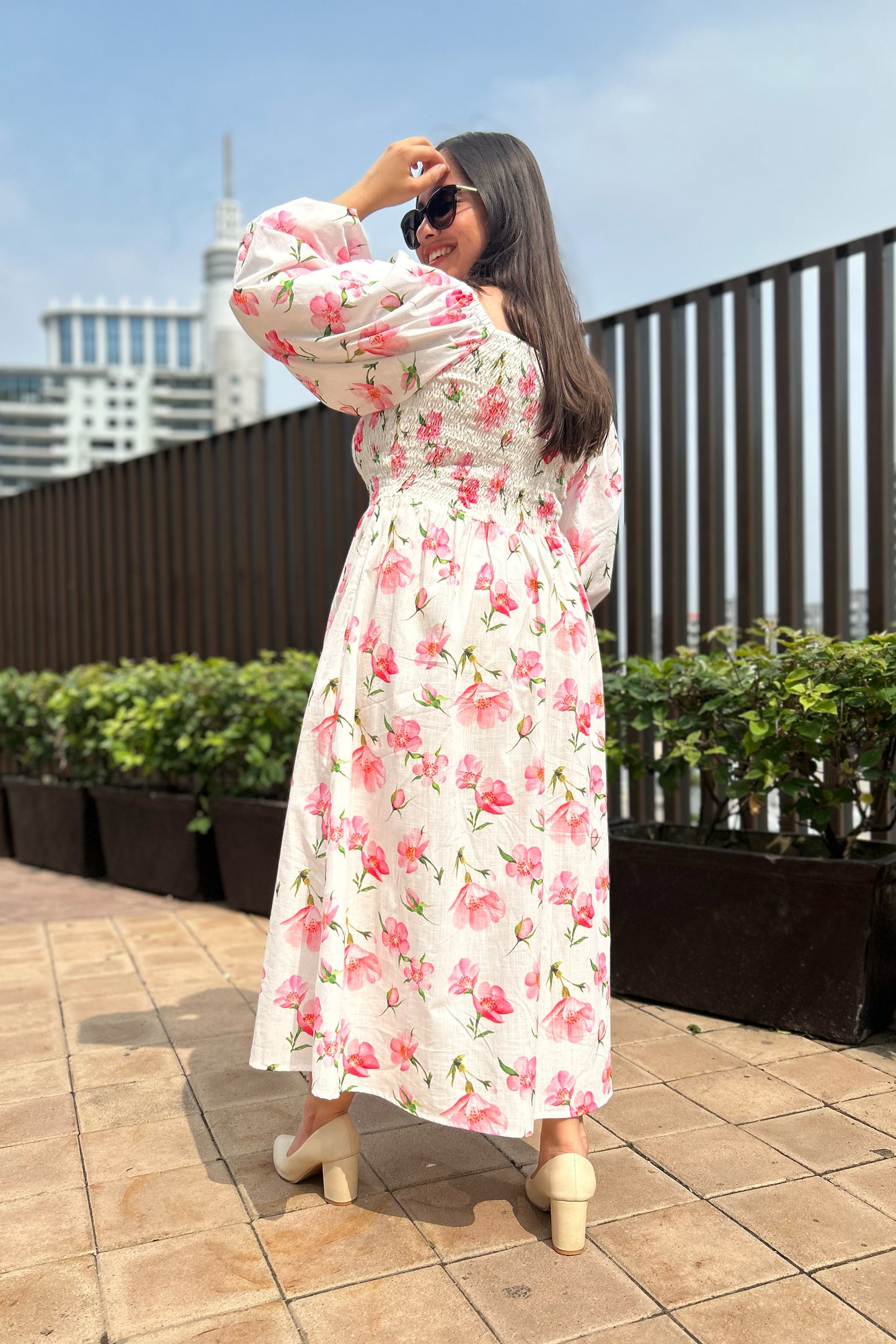 White Cherry Smocked Dress