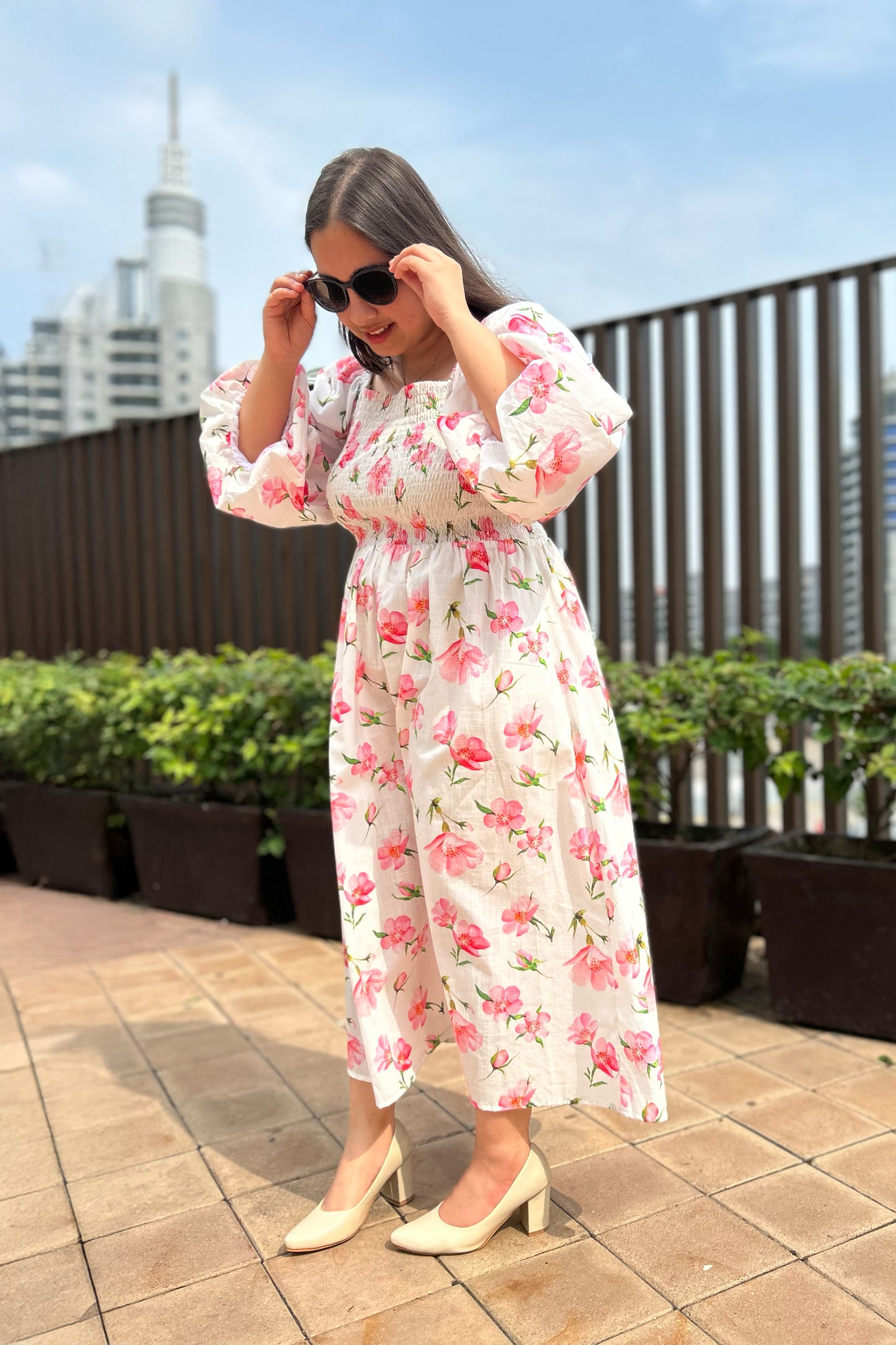 White Cherry Smocked Dress