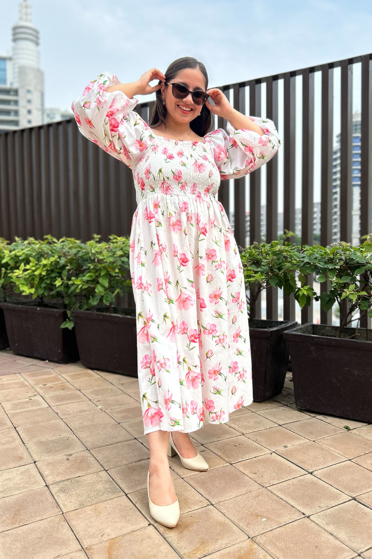 White Cherry Smocked Dress