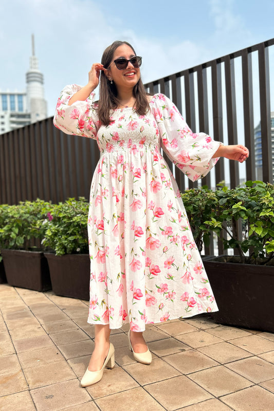 White Cherry Smocked Dress