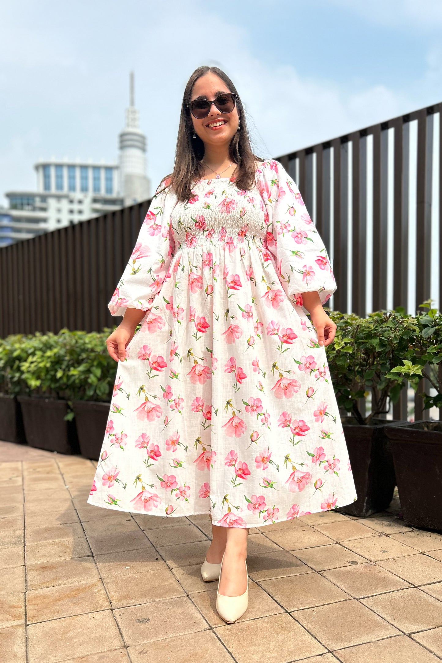 White Cherry Smocked Dress