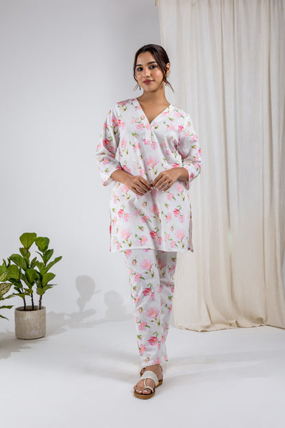 White Cherry Blossom Kurta Cord Set