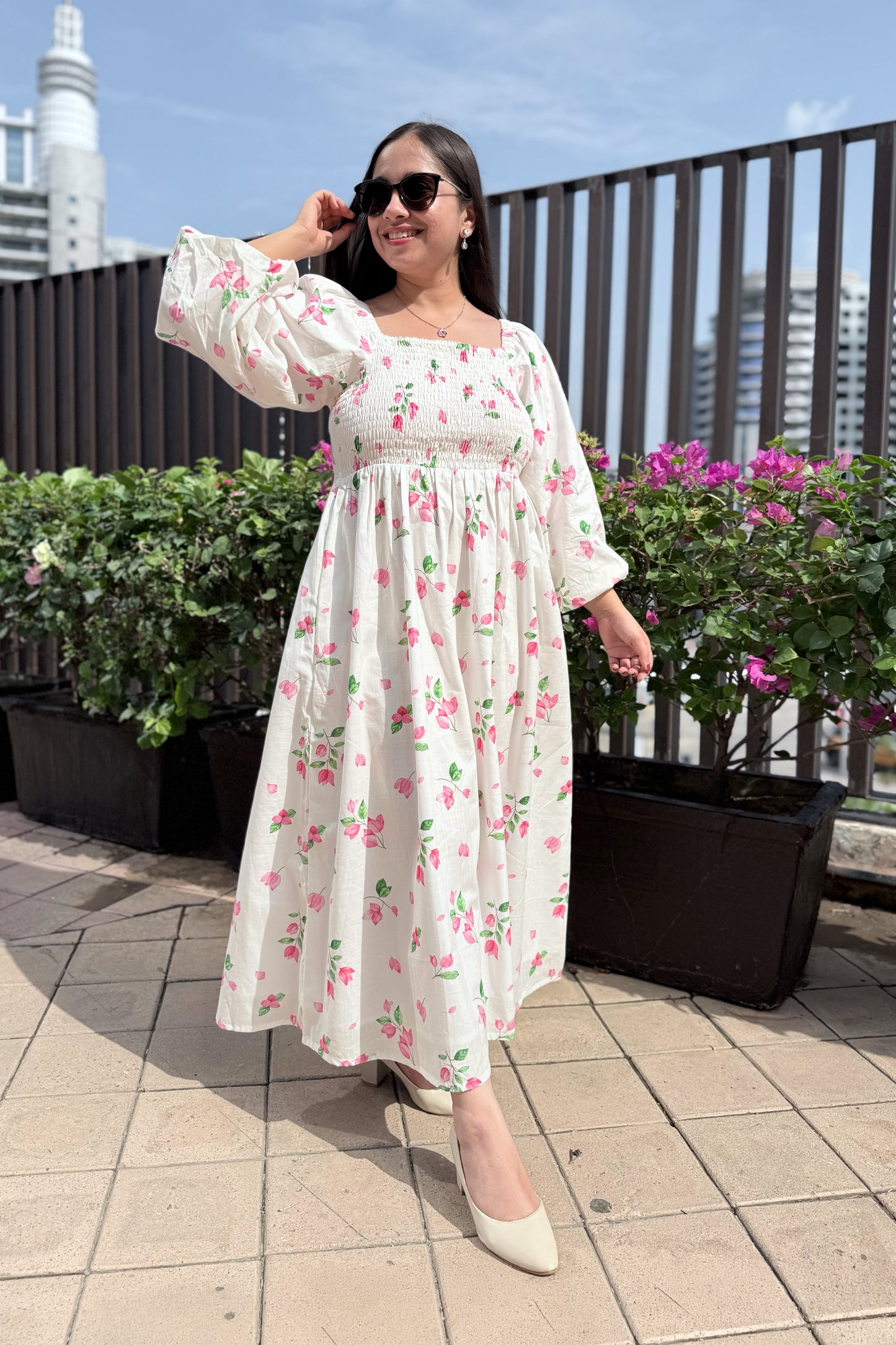 White Bougainvillea Smocked Dress