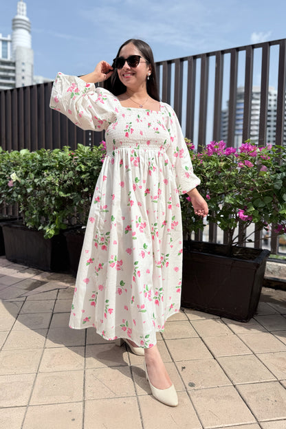 White Bougainvillea Smocked Dress