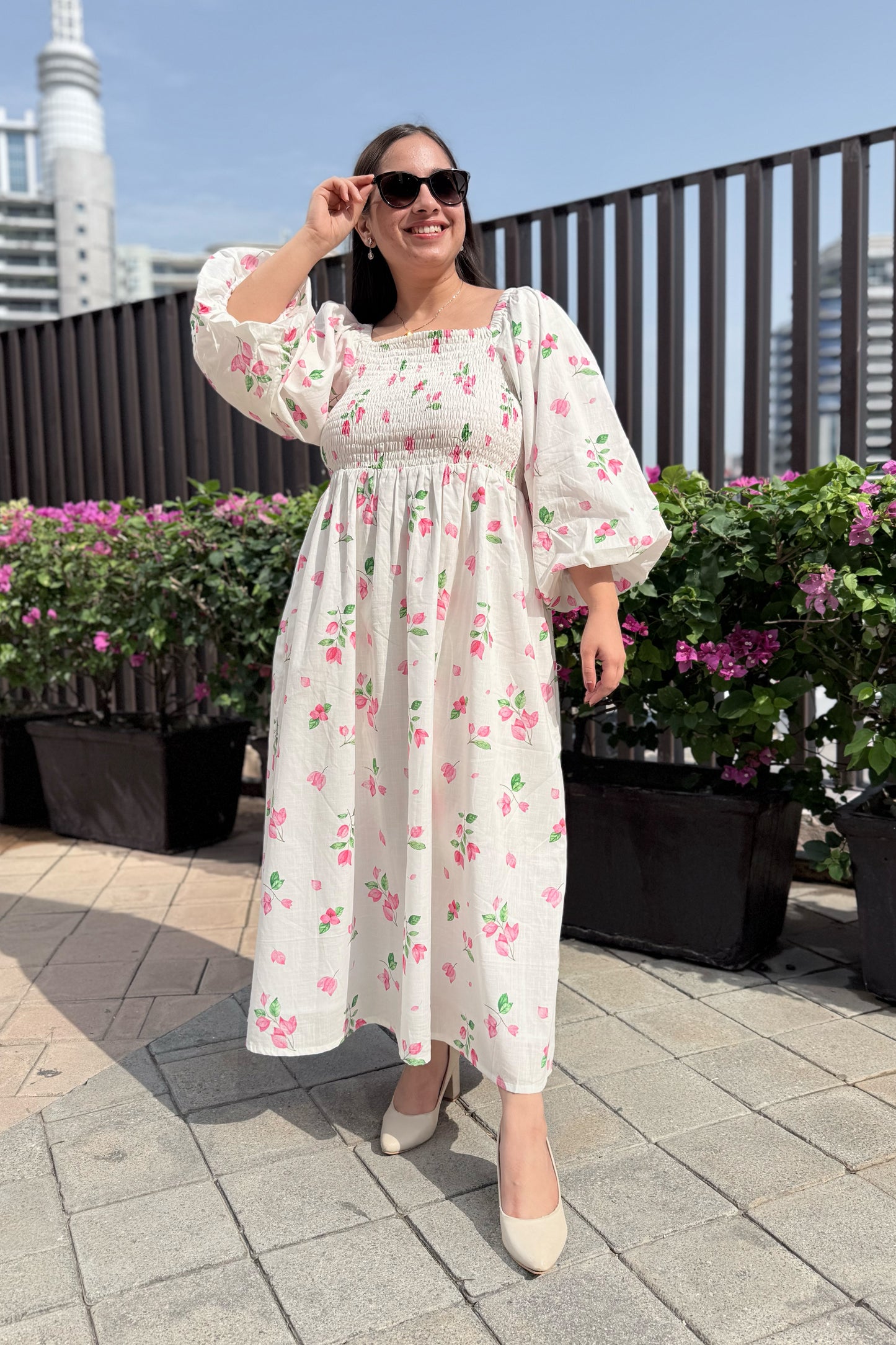 White Bougainvillea Smocked Dress