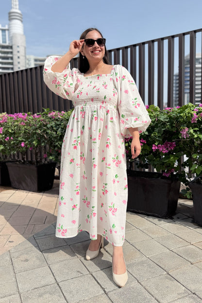 White Bougainvillea Smocked Dress