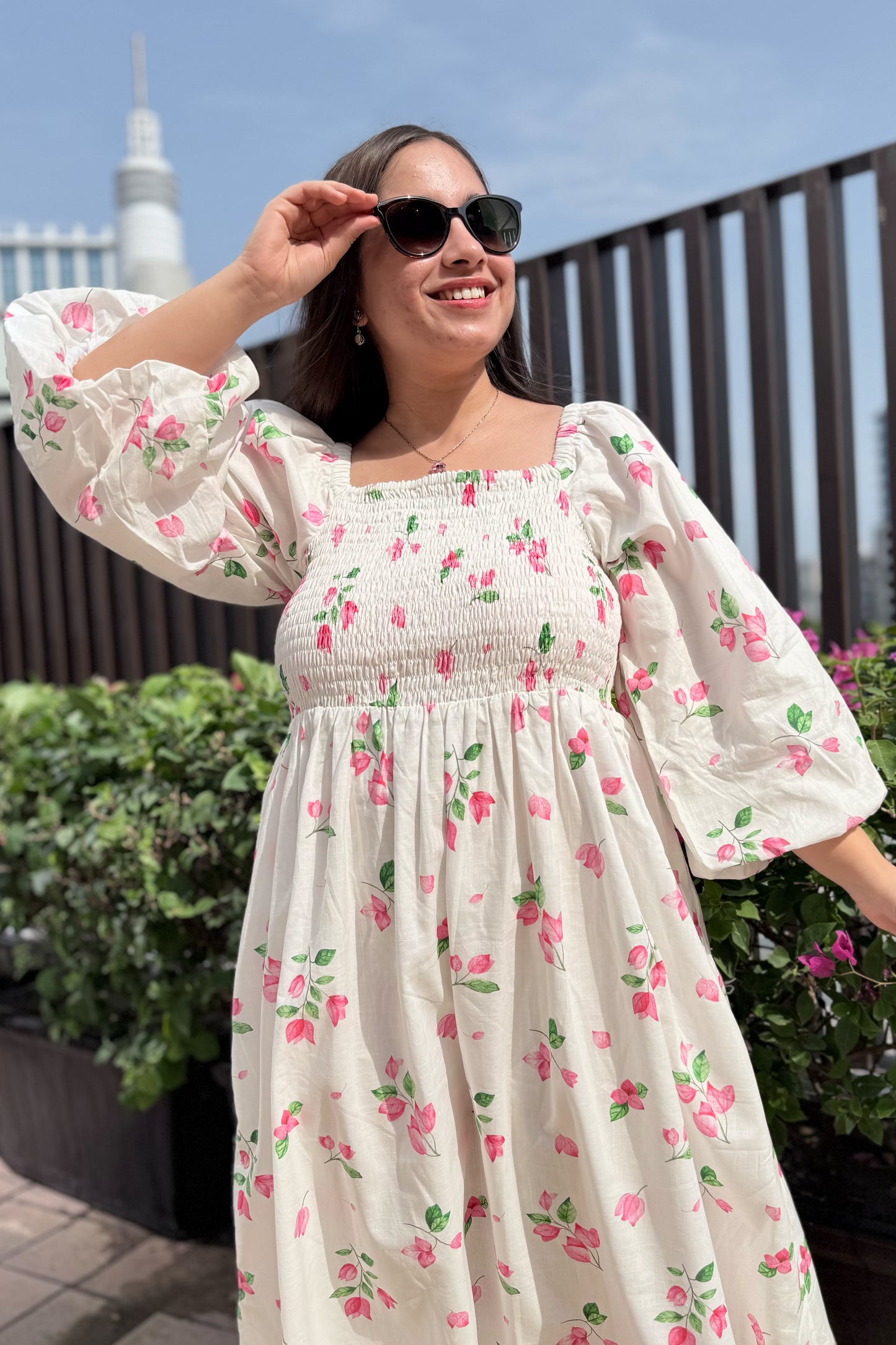 White Bougainvillea Smocked Dress