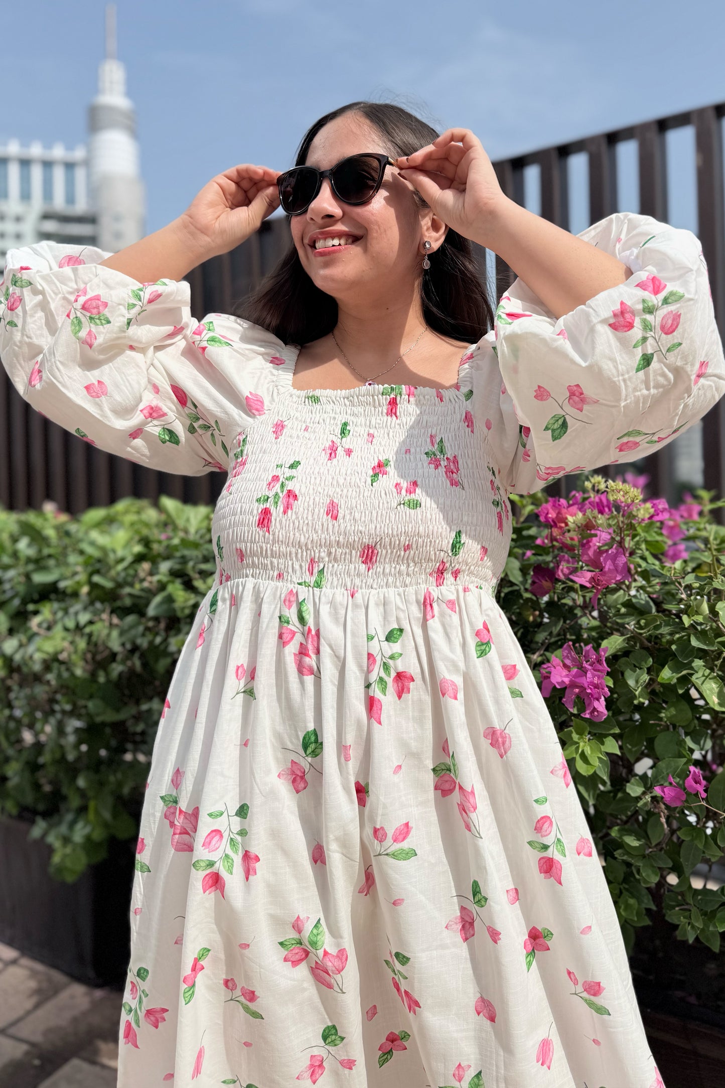 White Bougainvillea Smocked Dress