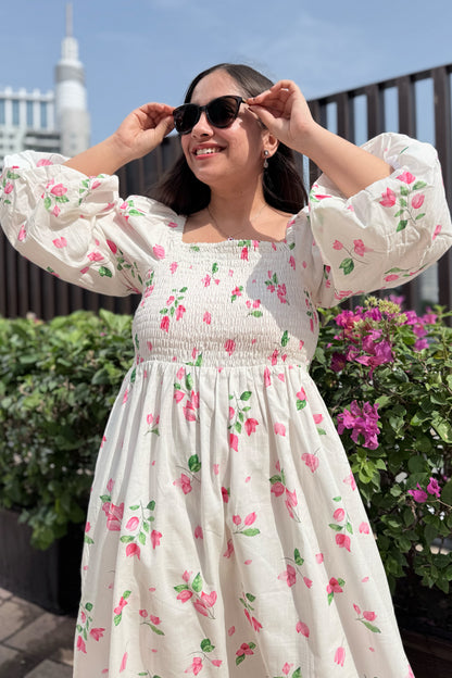 White Bougainvillea Smocked Dress