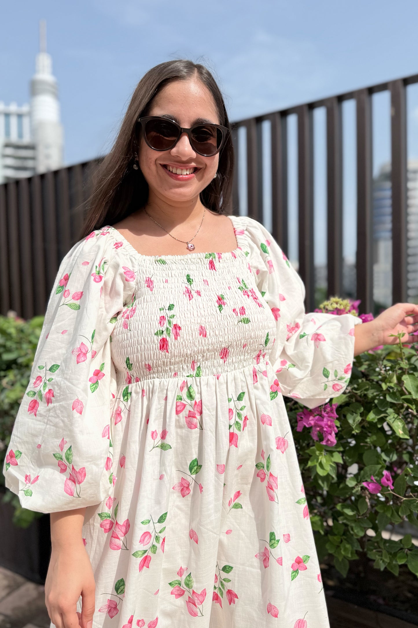 White Bougainvillea Smocked Dress