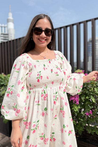 White Bougainvillea Smocked Dress