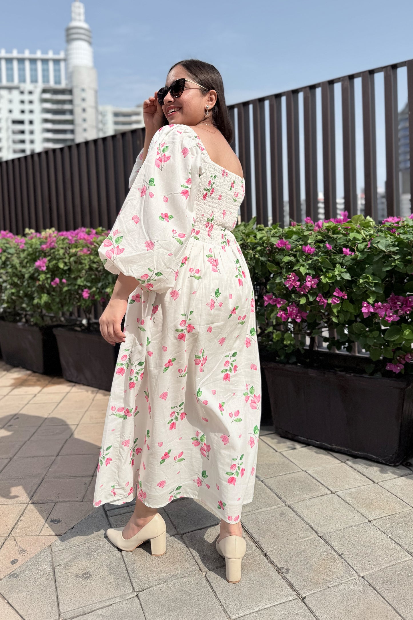 White Bougainvillea Smocked Dress