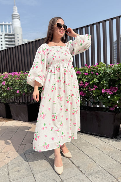 White Bougainvillea Smocked Dress