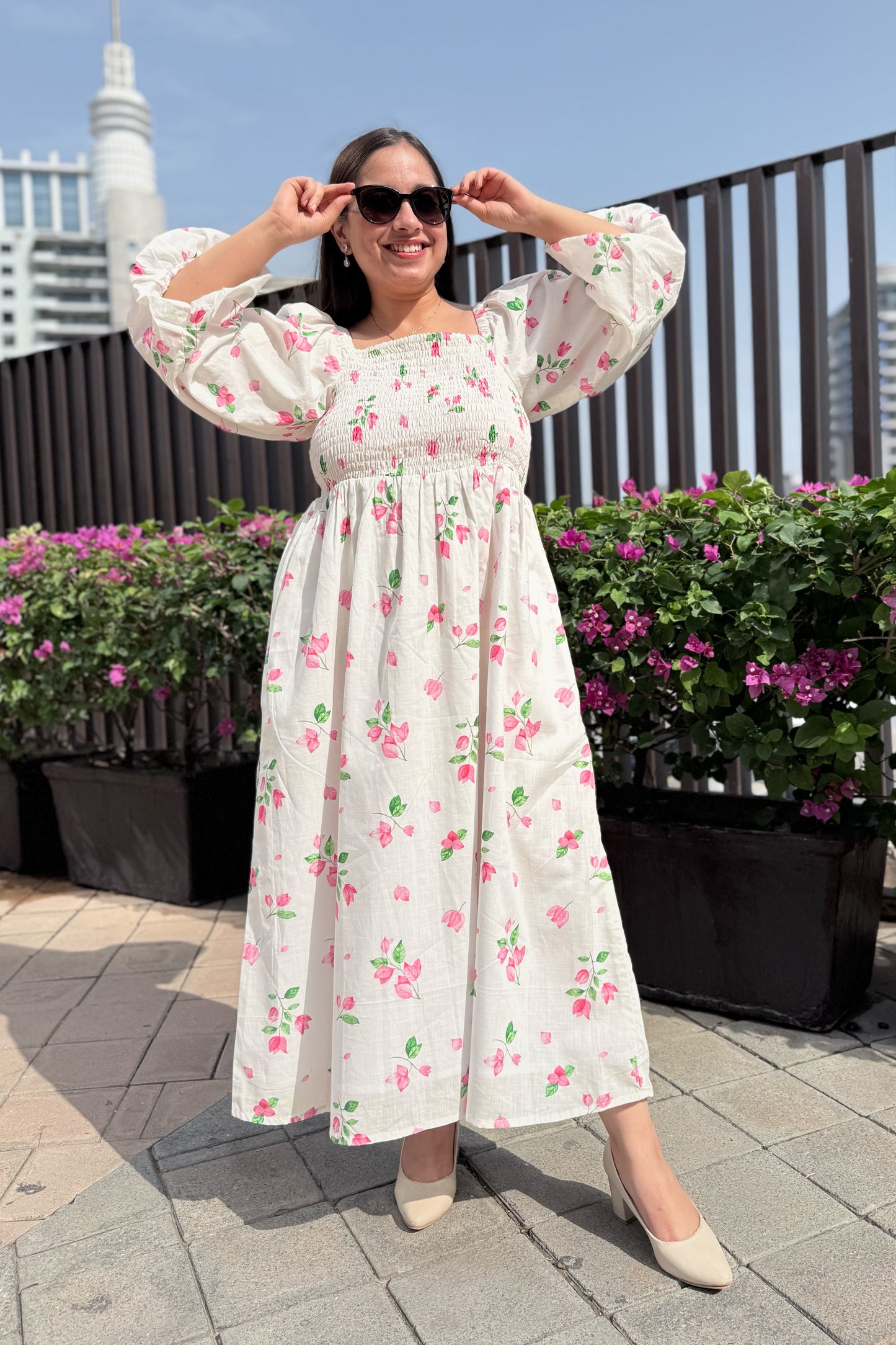 White Bougainvillea Smocked Dress