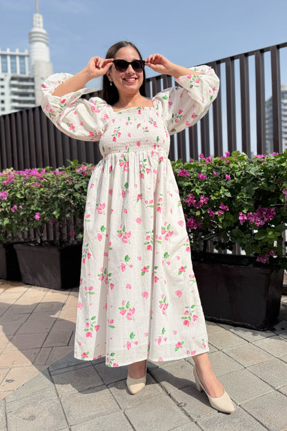 White Bougainvillea Smocked Dress