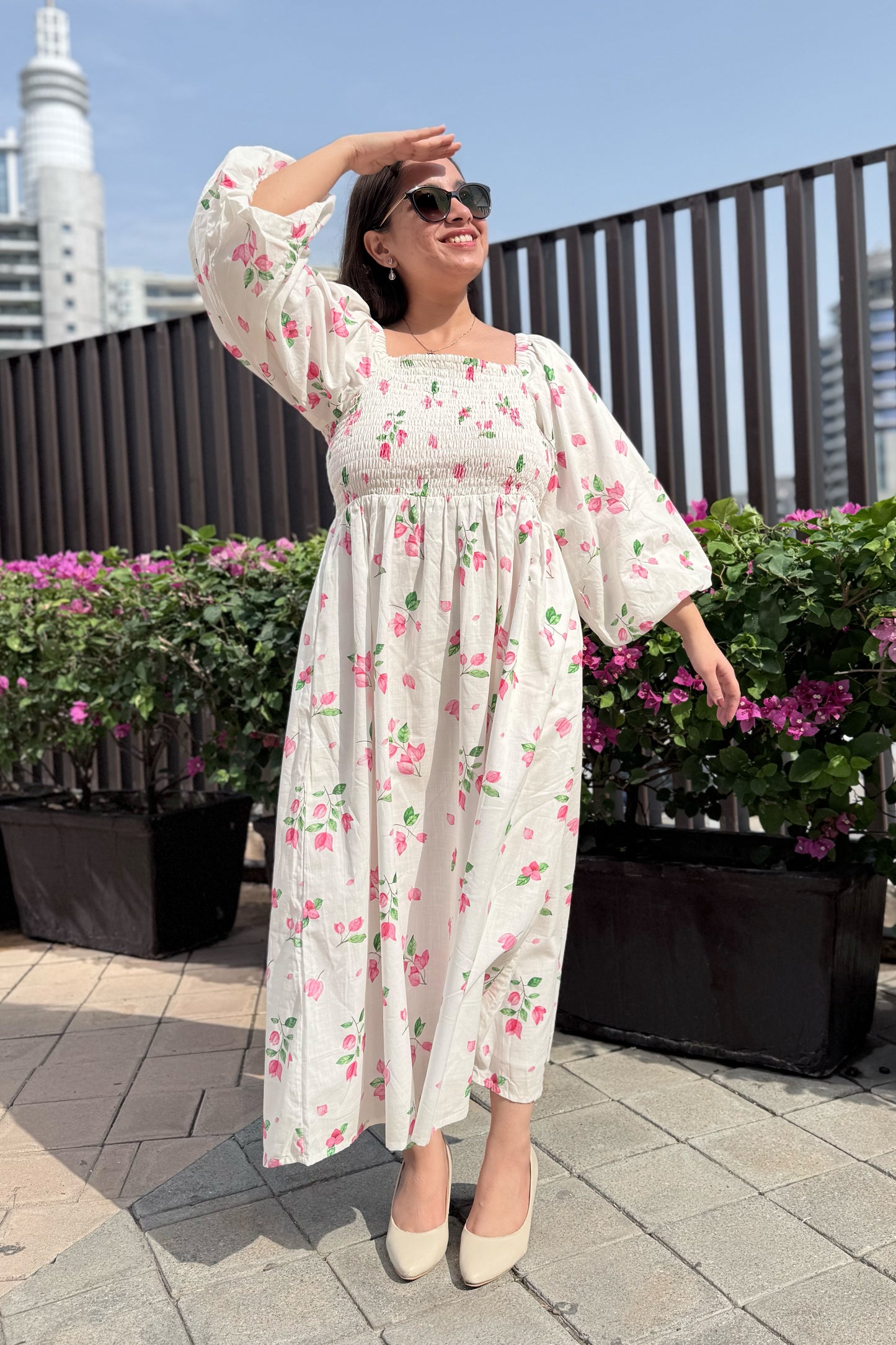 White Bougainvillea Smocked Dress