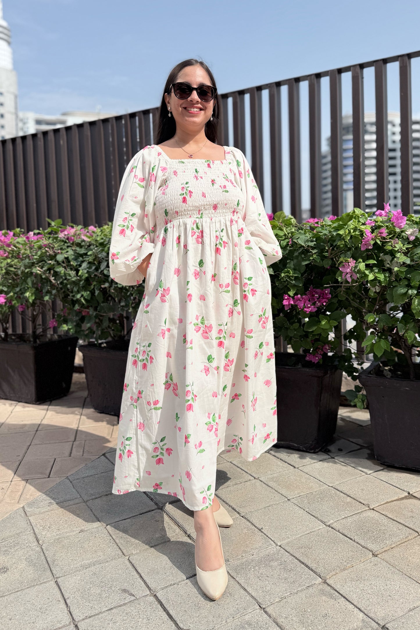 White Bougainvillea Smocked Dress